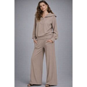 Zenana Ribbed High Neck Half Zip Pullover & Pants Set ASH MOCHA